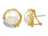 White Saltwater Cultured Mabe Pearl (12-13mm) Earrings in 14K Yellow Gold with Diamonds