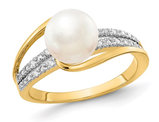 14K Yellow Gold Freshwater Cultured Pearl Ring with Accent Diamonds