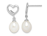 White Freshwater Cultured Pearl Heart Dangle Earrings in Sterling Silver with Cubic Zirconias