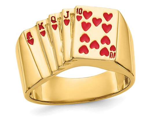 Men's 14K Yellow Gold Royal Flush In Hearts Ring (SZIE 10)