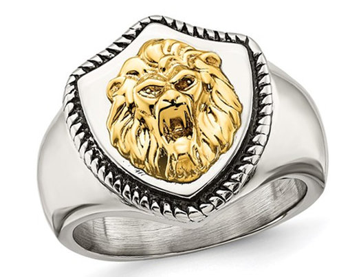 Men's Lion On Shield Antiqued Stainless Steel Ring