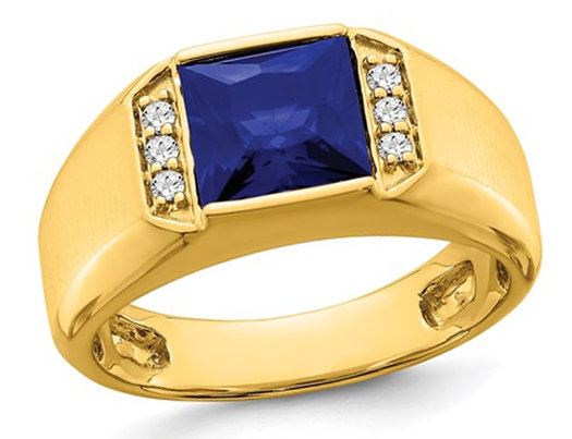 Mens 2.50 Carat (ctw) Lab Created Blue Sapphire Ring in 14K Yellow Gold with Diamonds