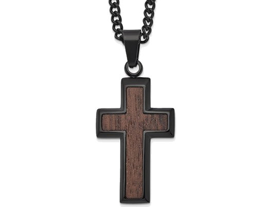 Men's Black Plated Stainless Steel Wood Inlay Cross Pendant Necklace with Chain