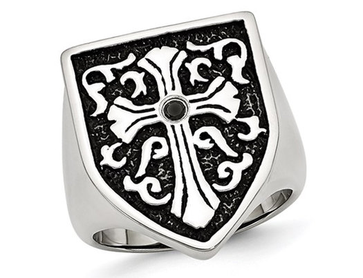 Men's Cross Antiqued Shield Stainless Steel Ring with Black Diamond