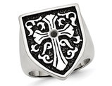 Men's Cross Antiqued Shield Stainless Steel Ring with Black Diamond