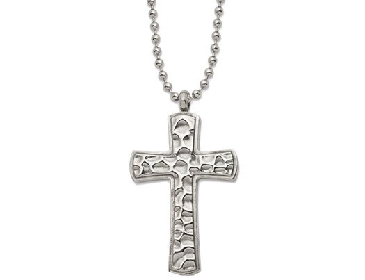 Men's Titanium Hammered Carbon-Fiber Reversible Cross Pendant Necklace with Ball Chain