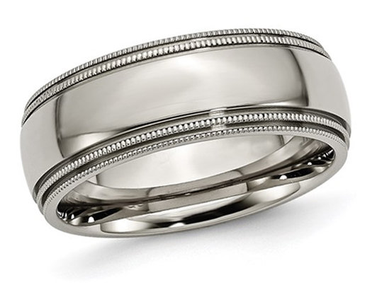 Polished Titanium Beaded Edge Wedding Band Ring 8mm
