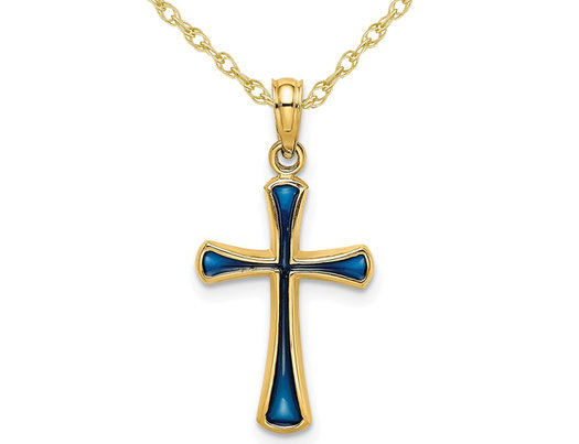 14K Yellow Gold Cross Pendant Necklace with Blue Enamel and Chain 