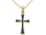 14K Yellow Gold Cross Pendant Necklace with Blue Enamel and Chain 