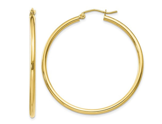 Large 10K Yellow Gold Hoop Earrings 1 1/2 Inches (2mm)