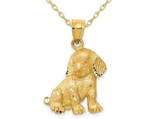 14K Yellow Gold Puppy Dog Charm Pendant Necklace with Chain