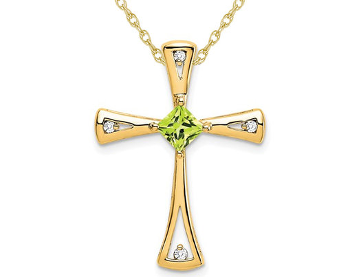 3/10 Carat (ctw) Natural Peridot Cross Pendant Necklace in 14K Yellow Gold with Chain