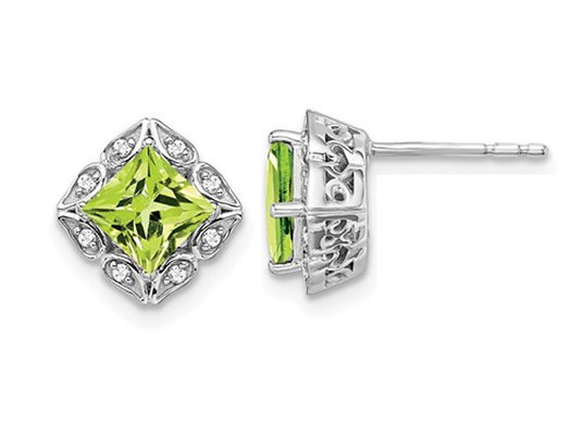 1.60 Carat (ctw) Natural Peridot Princess Stud Earrings in 14K White Gold with Diamonds