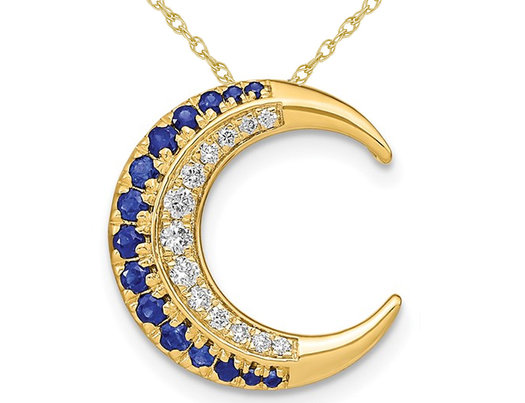 1/5 Carat (ctw) Natural Blue Sapphire and Diamond Moon Charm Pendant Necklace in 14K Yellow Gold with Chain