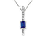 1/4 Carat (ctw) Blue Sapphire Emerald-Cut Stick Pendant Necklace with Diamonds in 14K White Gold with Chain