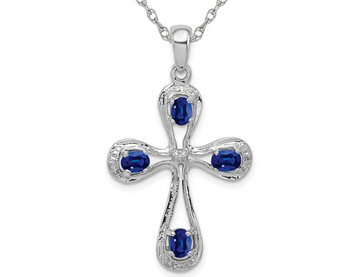 9/10 Carat (ctw) Natural Dark Blue Sapphire Cross Pendant Necklace in Sterling Silver with Chain