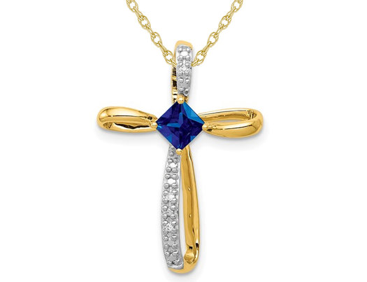 2/5 Carat (ctw) Lab Created Blue Sapphire Cross Pendant Necklace in 14K Yellow Gold with Chain