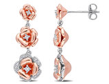 1/8 Carat (ctw) Created White Sapphire and Diamond Flower Dangle Earrings in Rose Sterling Silver