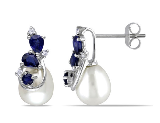 White Cultured Freshwater Pearl 7.5-8mm and Sapphire Earrings in 10k White Gold with Diamonds