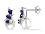 White Cultured Freshwater Pearl 7.5-8mm and Sapphire Earrings in 10k White Gold with Diamonds