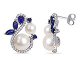 White Cultured Freshwater Pearl 5-5.5 mm and Lab-Created Sapphire Earrings in 10K White Gold with Diamonds 1/3 Carat (ctw)