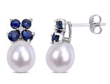 8-8.5 mm Cultured Freshwater Pearl Earrings with Sapphires in 10K White Gold