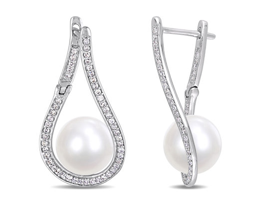 9-9.5mm Freshwater Cultured Pearl and 1/3 Carat (ctw) Diamond Drop Earrings in 14K White Gold