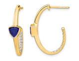 1.25 Carat (ctw) Lab-Created Trillion Blue Sapphire J-Hoop Earrings in 14K Yellow Gold with Diamonds