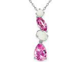 1.85 Carat (ctw) Lab-Created Opal and Pink Sapphire Drop Pendant Necklace in 14K White Gold with Chain