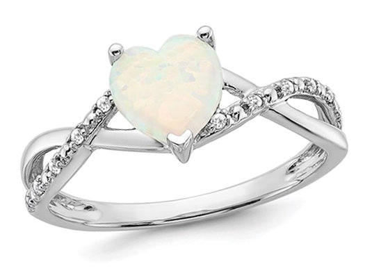 14K White Gold Lab Created Opal 1/2 Carat (ctw) Heart Ring with Accent Diamonds