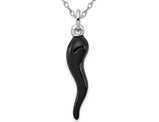 Black Enamel Italian Horn Pendant Necklace in Sterling Silver