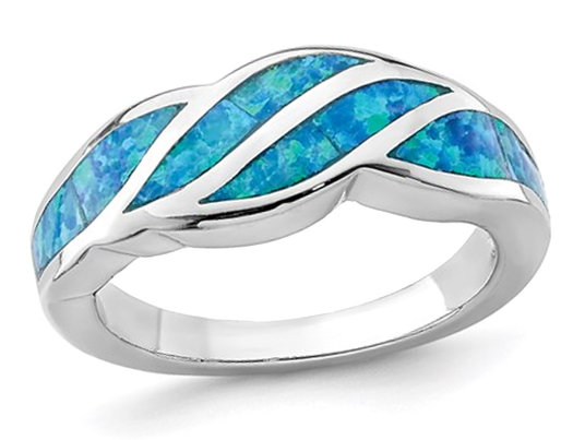Lab Created Blue Opal Inlay Wave Ring in Sterling Silver