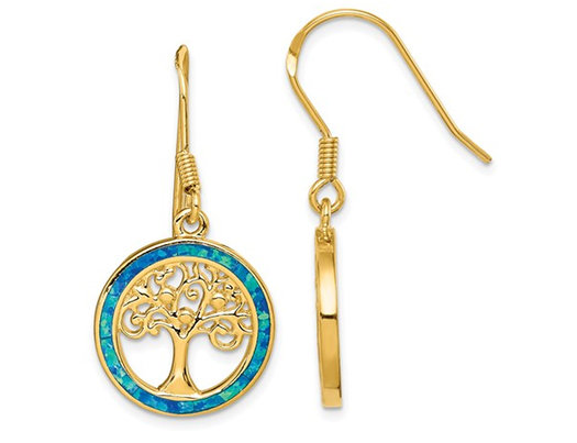 Synthetic Blue Opal Tree of Life Dangle Charm Earrings in Plated Sterling Silver