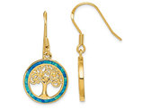 Synthetic Blue Opal Tree of Life Dangle Charm Earrings in Plated Sterling Silver