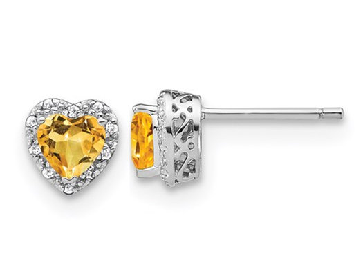 4/5 Carat (ctw) Citrine Heart Earrings in Sterling Silver with Diamonds