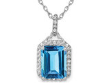 5.05 Carat (ctw) Emerald Cut Blue Topaz Pendant Necklace in 14K White Gold With Chain and Accent Diamonds