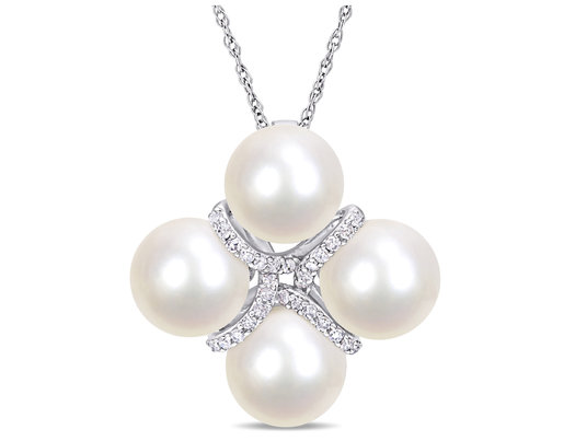 8-8.5mm Freshwater Cultured Pearl and Diamond 1/7 Carat (ctw) Crossover Pendant Necklace in 10K White Gold with Chain
