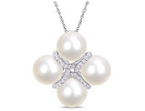 8-8.5mm Freshwater Cultured Pearl and Diamond 1/7 Carat (ctw) Crossover Pendant Necklace in 10K White Gold with Chain