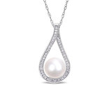 9-9.5mm White Freshwater Cultured Pear and Diamond Pendant Necklace in 14K White Gold with Chain