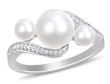 White Freshwater Cultured Pearl Three Stone Ring in 10K White Gold with Diamonds