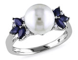 9-9.5mm White Freshwater Cultured Pear with Sapphires Ring In 10K White Gold