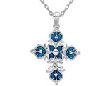 Sterling Silver Fleur de Lis Blue Cross Pendant Necklace with Chain