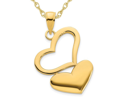 14K Yellow Gold Double Heart Charm Pendant Necklace with Chain