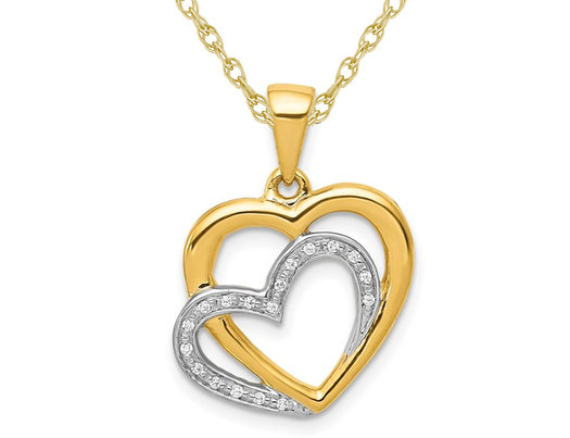 Double Heart Pendant Necklace in 14K Yellow and White Gold with Chain and Diamond Accents.