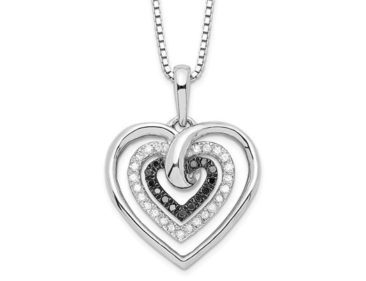 1/4 Carat (ctw) Black & White Diamond Triple Heart Pendant Necklace in Sterling Silver with Chain