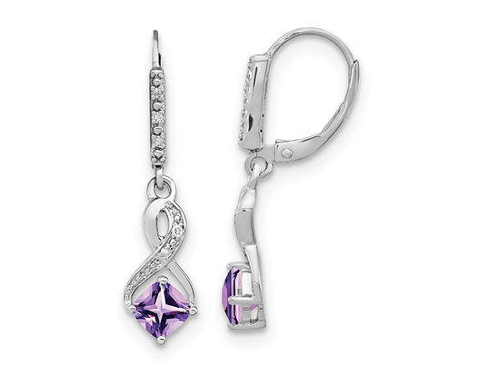 2/5 Carat (ctw) Square Amethyst Drop Earrings in Sterling Silver with Accent Diamonds