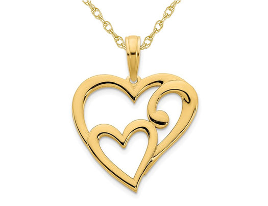 14K Yellow Gold Double Heart Charm Pendant Necklace with Chain