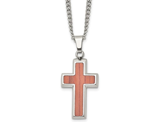 Mens Stainless Steel Polished Wood Inlay Cross Pendant Necklace with Chain