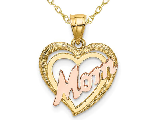 MOM Heart Pendant Necklace in 14K Yellow Gold with Chain