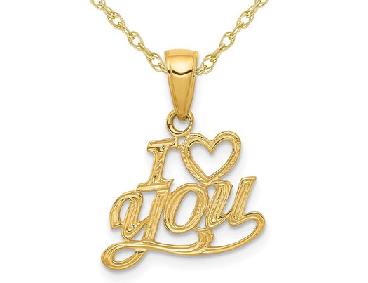 14K Yellow Gold  - I Love You - Pendant Necklace Charm with Chain